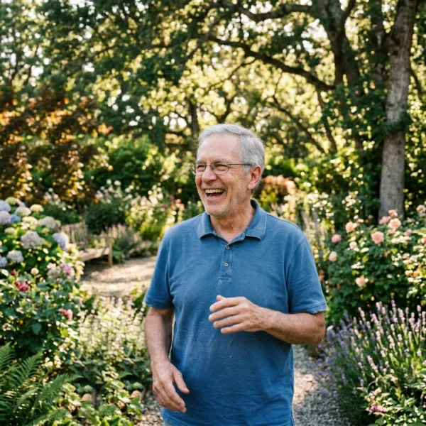 Memodyne customer laughing outdoors, relaxed and energetic